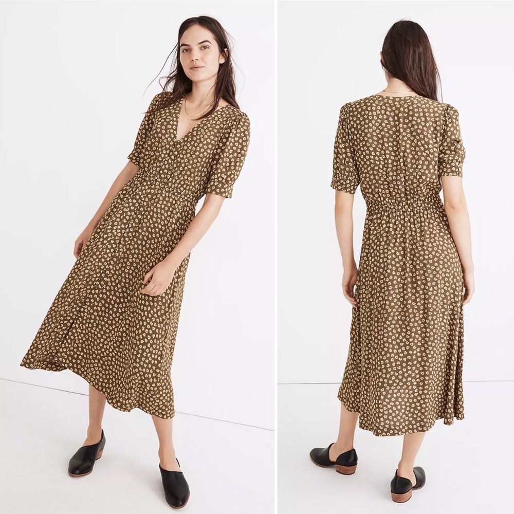 Madewell Button-Cuff Midi Dress in Woodcut Flowers Size 14 - Picture 2 of 11